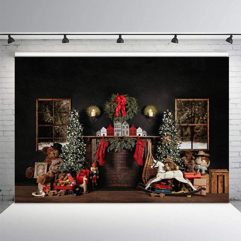 MEHOFOND 7x5ft Christmas Photography Background Christmas Tree with Fireplace Wreath Stocking Black Backdrops Winter Xmas Birthday Holiday Party Decoration Banner Photo Portrait Props - Image 5